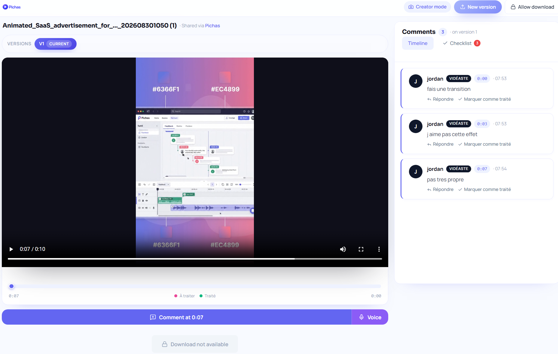 Page de revue Pichas avec lecteur vidéo et panneau de commentaires