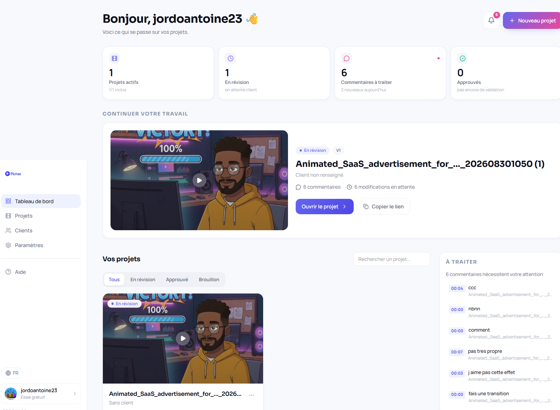 Tableau de bord Pichas listant les projets vidéo et leur statut